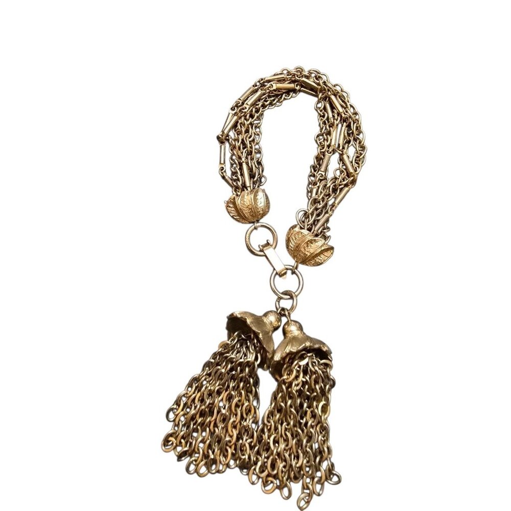Vintage Unsigned Multi Chain Double Tassel Bracelet (A8721)
